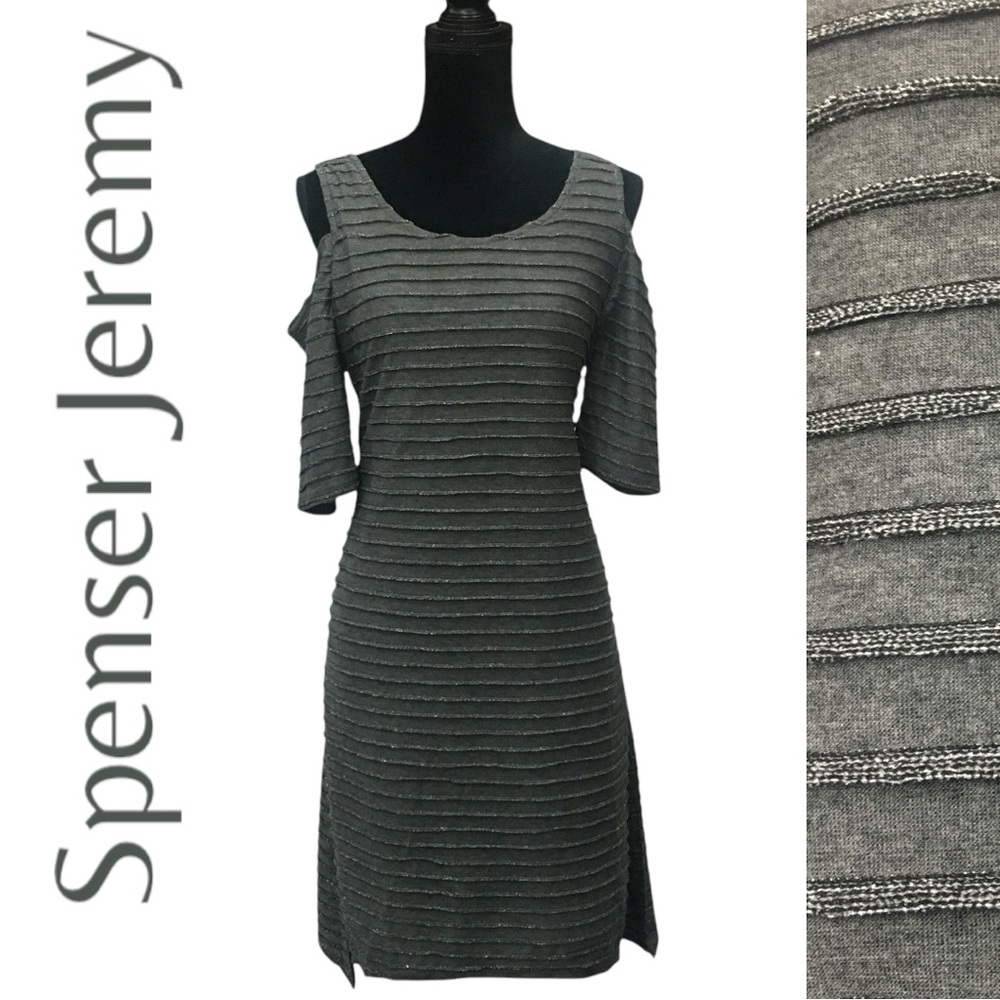 Spenser Jeremy Gray Sparkle Stripe Cold Shoulder Dress - Women’s Large NWT